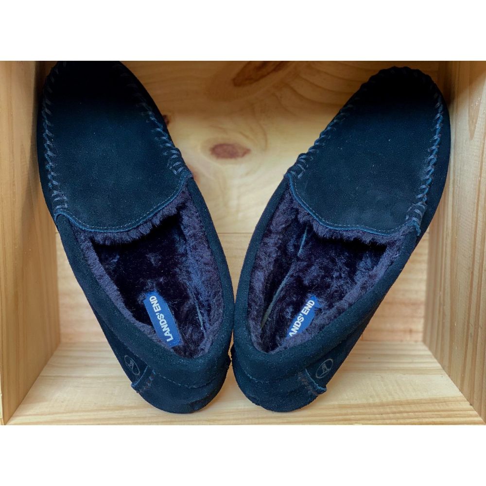 NWOT Lands' End Black Suede Leather Moccasin Upper & Rubber Sole Slippers SZ 10